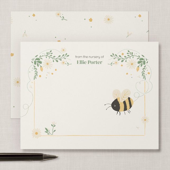 Bumble Bee Nursery Stationery Note Cards (Wildflower Flight - 4.25 x 5.5" Honey Bee Nursery Correspondence Note Card)