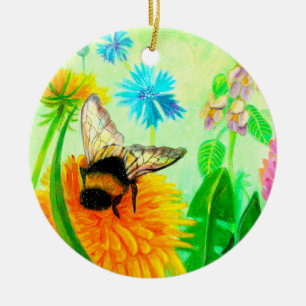 Bumble Bee on a Dandelion Flower Illustration Ceramic Tree Decoration