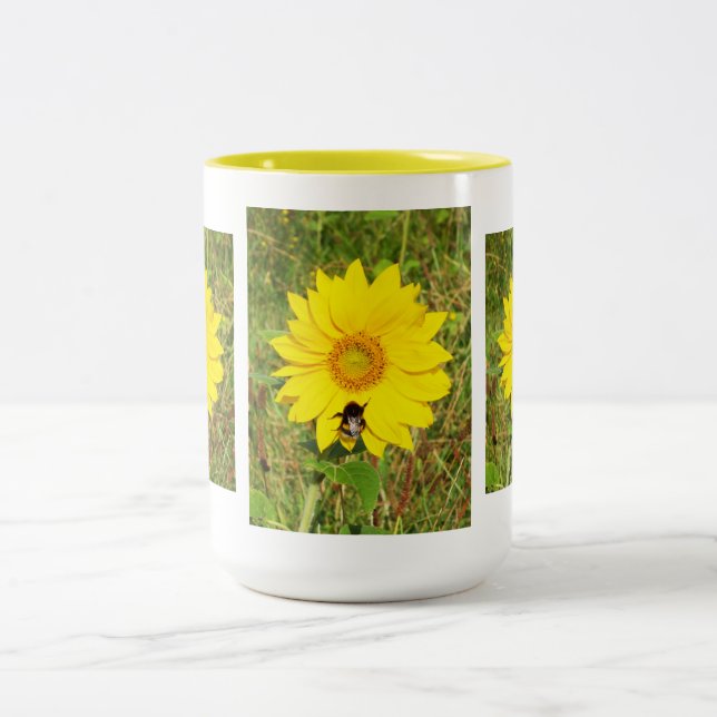 Bumble bee on a sunflower Two-Tone coffee mug (Center)