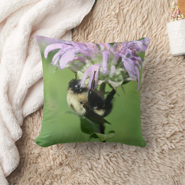 Bumble Bee On Bee Balm Flower Close Up Cushion (Blanket)