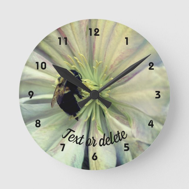 Bumble Bee On Clematis Flower Personalized Round Clock (Front)