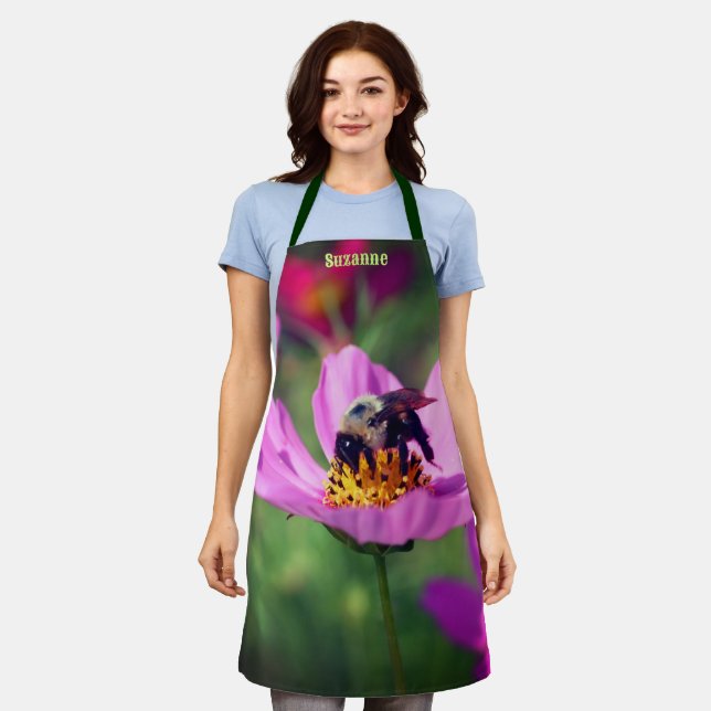 Bumble Bee On Cosmos Flower Nature Personalised Apron (Worn)