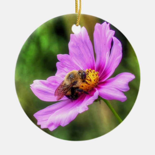 Bumble Bee on Pink Cosmos Ceramic Tree Decoration (Front)