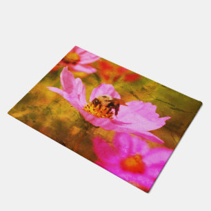 Bumble Bee On Pink Cosmos Flower Abstract   Doormat