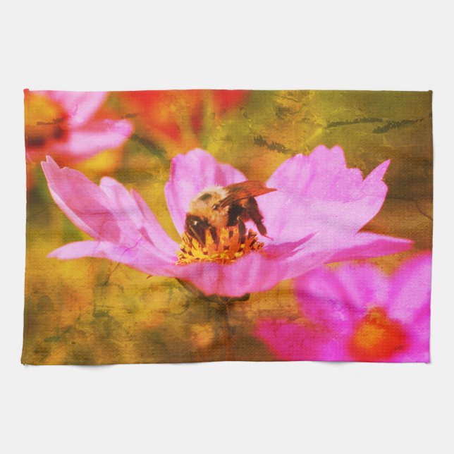 Bumble Bee On Pink Cosmos Flower Abstract Tea Towel (Horizontal)