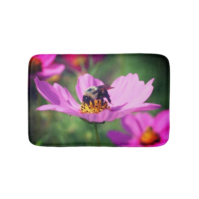 Bumble Bee On Pink Cosmos Flower Close Up  Bath Mat (Front)