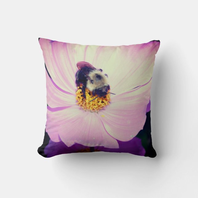 Bumble Bee On Pink Cosmos Flower Close Up  Cushion (Front)