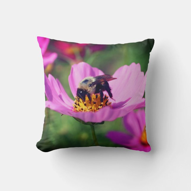 Bumble Bee On Pink Cosmos Flower Close Up  Cushion (Front)