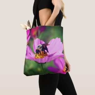 Bumble Bee On Pink Cosmos Flower Close Up Tote Bag