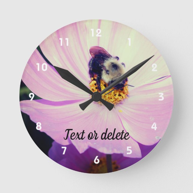 Bumble Bee On Pink Cosmos Flower Personalised Round Clock (Front)