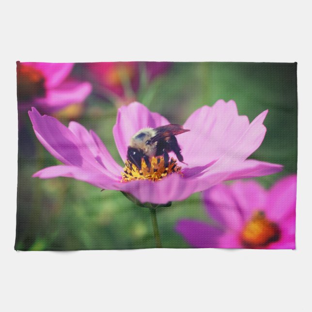 Bumble Bee On Pink Cosmos Flower  Tea Towel (Horizontal)