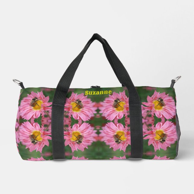 Bumble Bee On Pink Daisy Flower Personalised Duffle Bag (Front)
