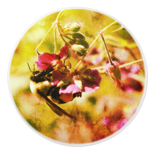 Bumble Bee On Pink Flower Abstract Distressed Ceramic Knob