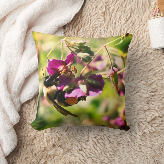 Bumble Bee On Pink Flower Cushion (Blanket)