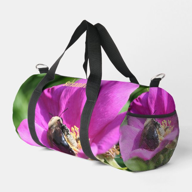 Bumble Bee On Pink Rose Personalised Duffle Bag (Right Corner)