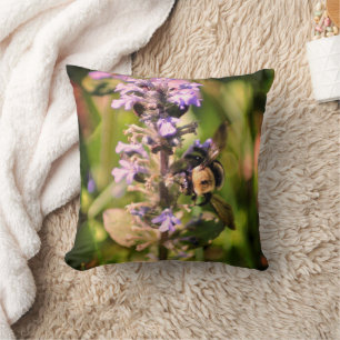 Bumble Bee On Purple Flower Close Up Cushion