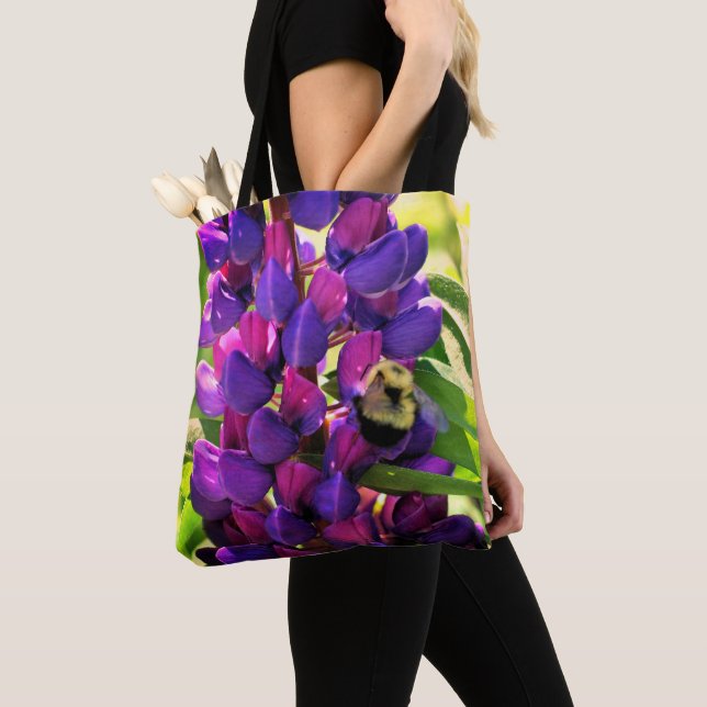 Bumble Bee On Wild Lupine Flower Close Up Tote Bag (Close Up)