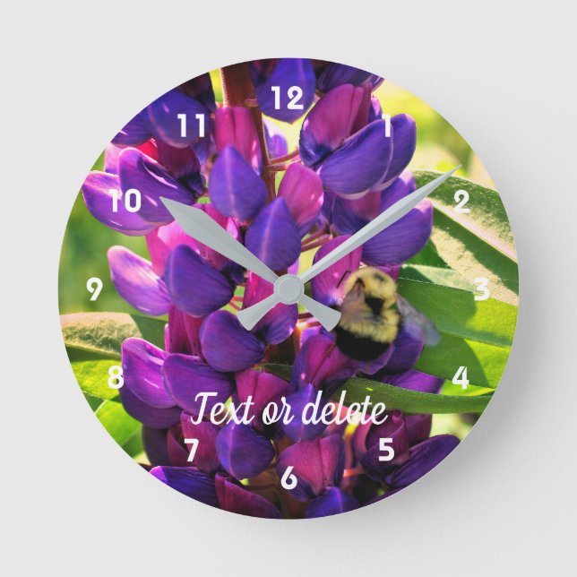 Bumble Bee On Wild Lupine Flower Personalised Round Clock (Front)