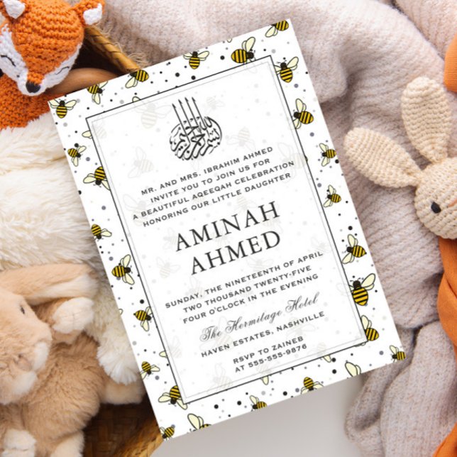 Bumble Bee Pattern Islamic Neutral Aqiqa Aqeeqa  Invitation (Creator Uploaded)