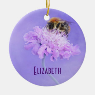 Bumble Bee Perched on a Pink Flower Personalised Ceramic Tree Decoration