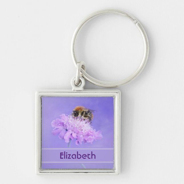 Bumble Bee Perched on a Pink Flower Personalised Key Ring (Front)
