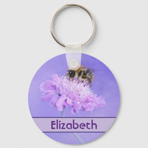 Bumble Bee Perched on a Pink Flower Personalised Key Ring