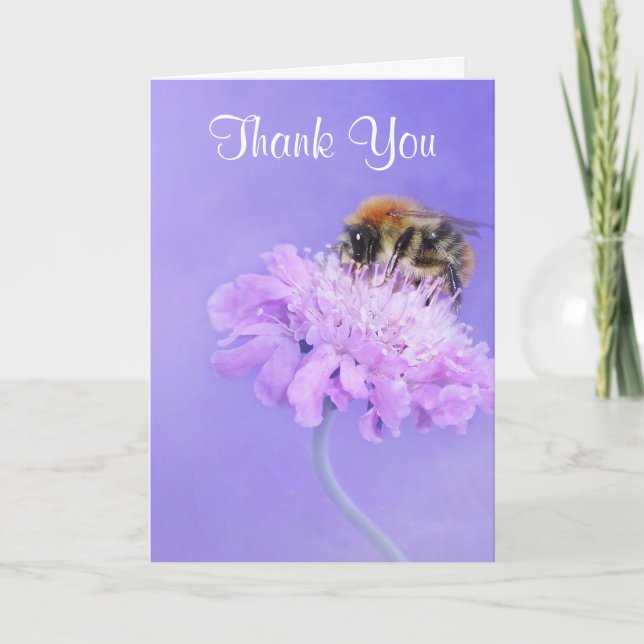 Bumble Bee Perched on a Pink Flower Thank You Card (Front)