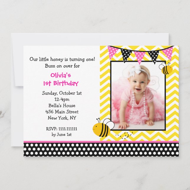 Bumble Bee Photo Birthday Party Invitations (Front)
