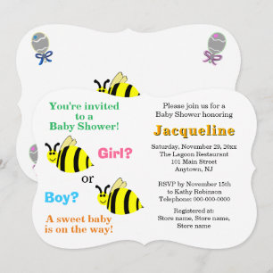 Bumble Bee Pink Blue Rattles Baby Shower Invitation