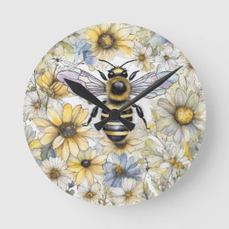 Bumble Bee spring floral painted. Round Clock