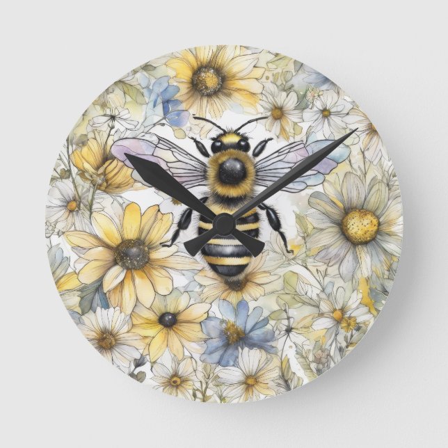 Bumble Bee spring floral painted. Round Clock (Front)