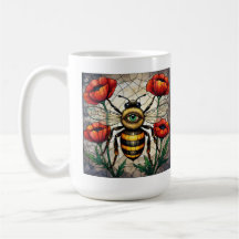 Bumble bee stained glass vibrant poppy flower eye