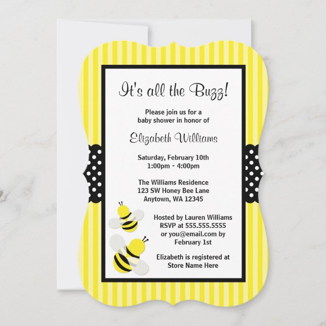 Bumble Bee Striped Dots Baby Shower Invitations (Front)