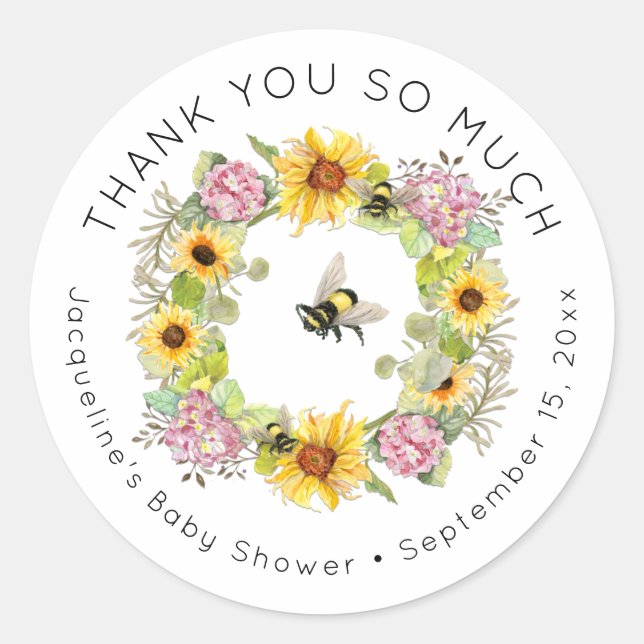 Bumble Bee Sunflower Hydrangea Floral Baby Shower Classic Round Sticker (Front)