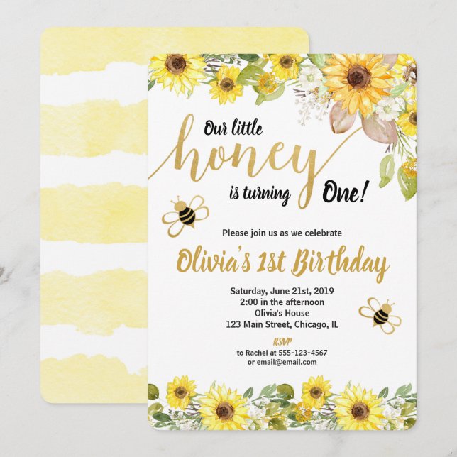 Bumble bee sunflowers birthday invitation girl (Front/Back)