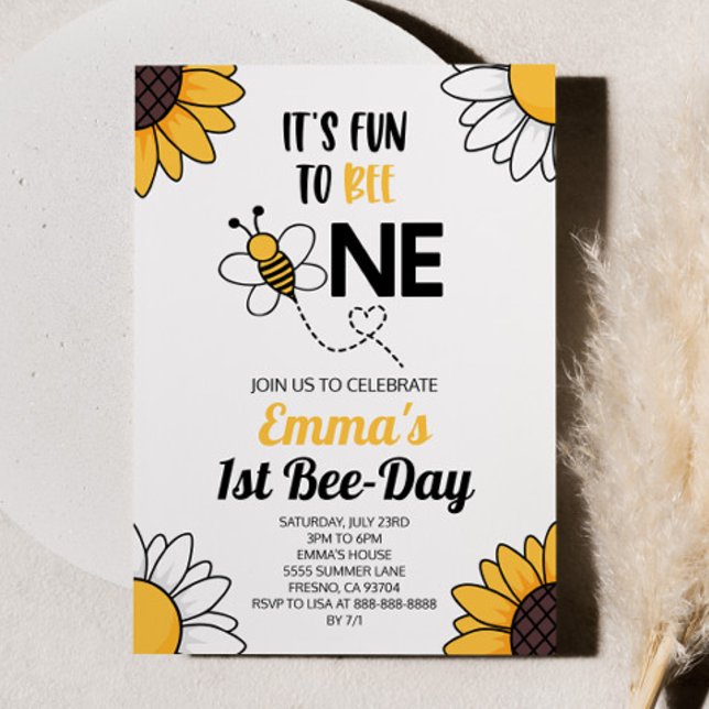 Bumble Bee Sunflowers First 1st Birthday Party Invitation (Creator Uploaded)