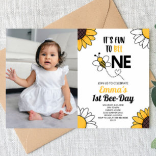 Bumble Bee Sunflowers First 1st Birthday Party Invitation