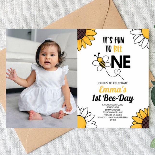 Bumble Bee Sunflowers First 1st Birthday Party Invitation (Creator Uploaded)