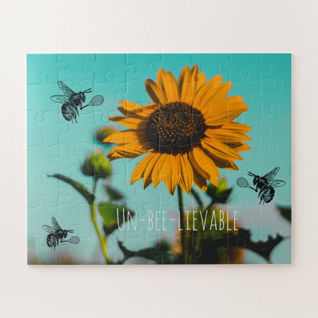 Bumble Bee Tennis Player With Text on Sunflower Jigsaw Puzzle (Horizontal)