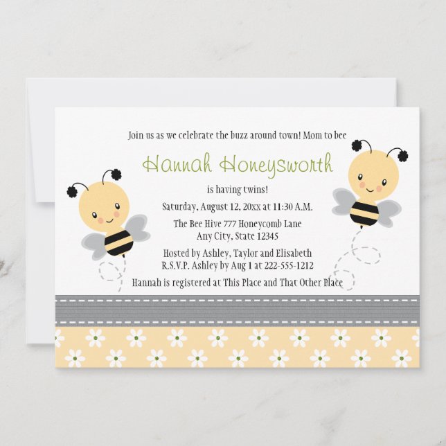 Bumble Bee Twins Baby Shower Invitations (Front)