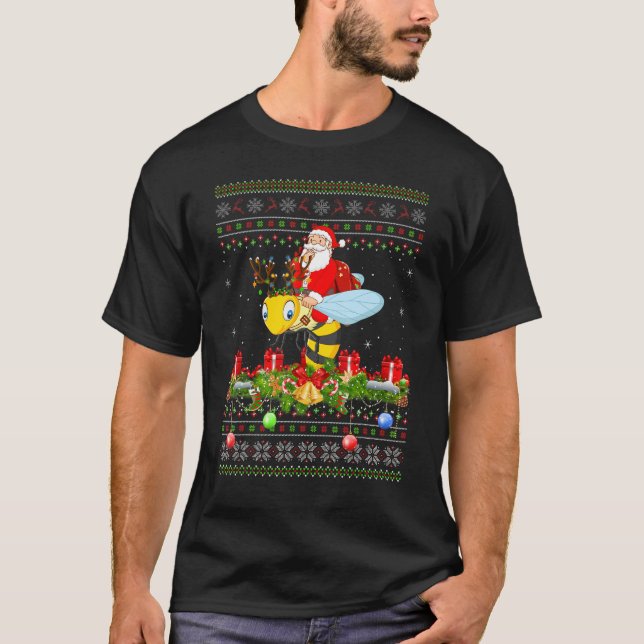 Bumble Bee  Ugly Santa Riding Bumble Bee Christmas T-Shirt (Front)