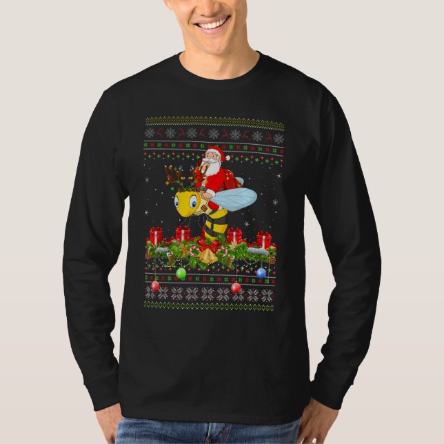 Bumble Bee  Ugly Santa Riding Bumble Bee Christmas T-Shirt (Front)