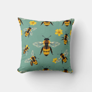 Bumble Bee Watercolor Realistic Honeycomb  Cushion