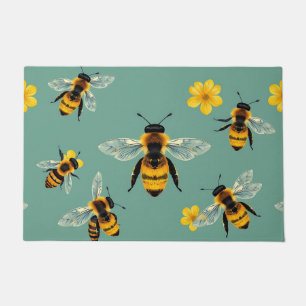 Bumble Bee Watercolor Realistic Honeycomb Doormat