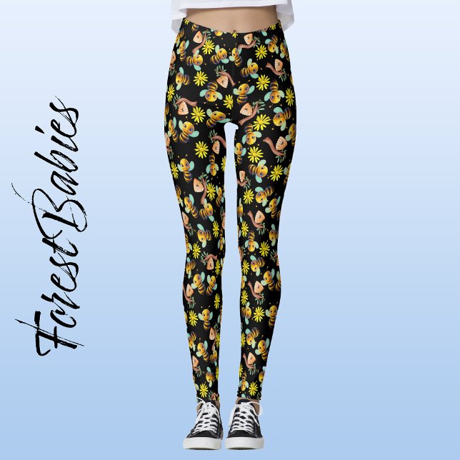 Bumble Bee 🐝 Yellow Daisy,  Honey Black Floral Leggings (🐝 Bumble Bee, ForestBabies Yellow Daisy, Honey Hive Black Floral Leggings - Front)