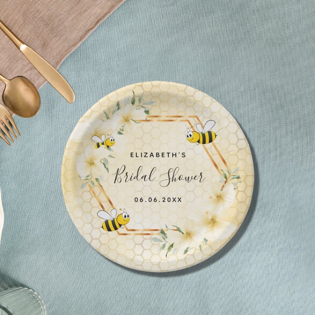 Bumble bee yellow honeycomb floral bridal shower paper plate (Creator Uploaded)