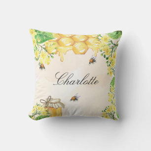 Bumble bees honey yellow floral name script cushion
