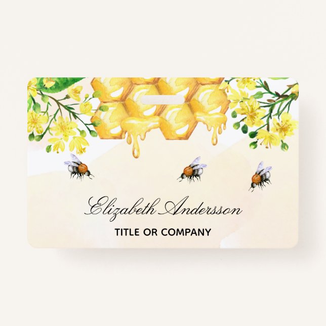 Bumble bees honey yellow floral name script ID badge (Front)
