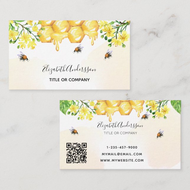 Bumble bees honey yellow floral qr code business card (Front/Back)