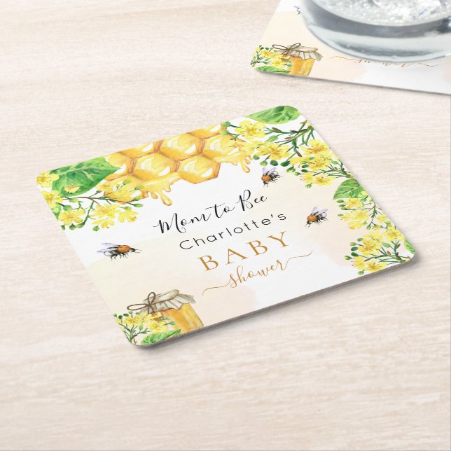 Bumble bees honey yellow florals Baby Shower Square Paper Coaster (Angled)